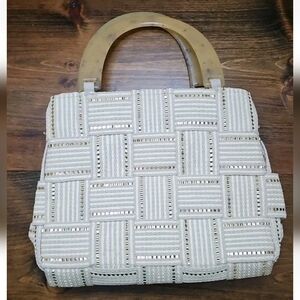 Vintage M&G Bertini Woven Tote Handbag Plastic Lucite Handle Italy Beige Gold